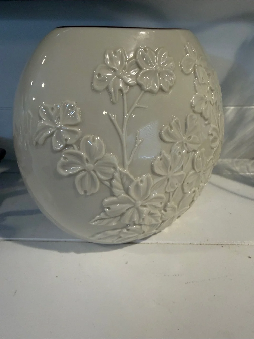 Lenox White Embossed Floral Ceramic Globe Vase